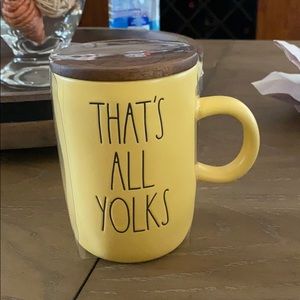Rae Dunn “THATS ALL YOLKS” mug with coaster